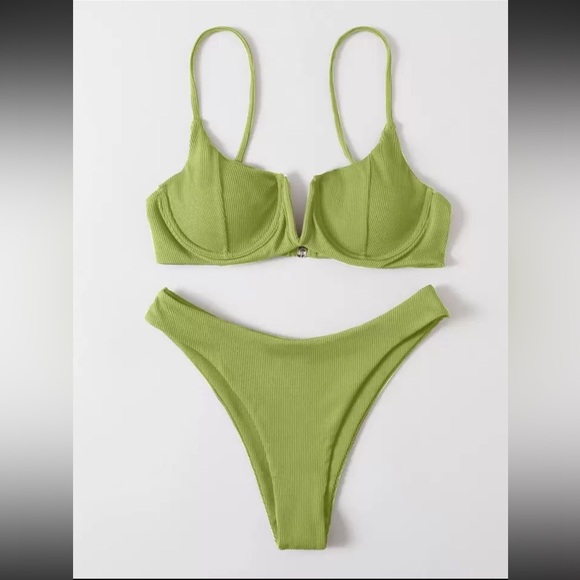 SHEIN Swim Summer Ribbed Bikini Set V Wired Underwire Cami Bra & Bikini Bottom - Picture 1 of 5